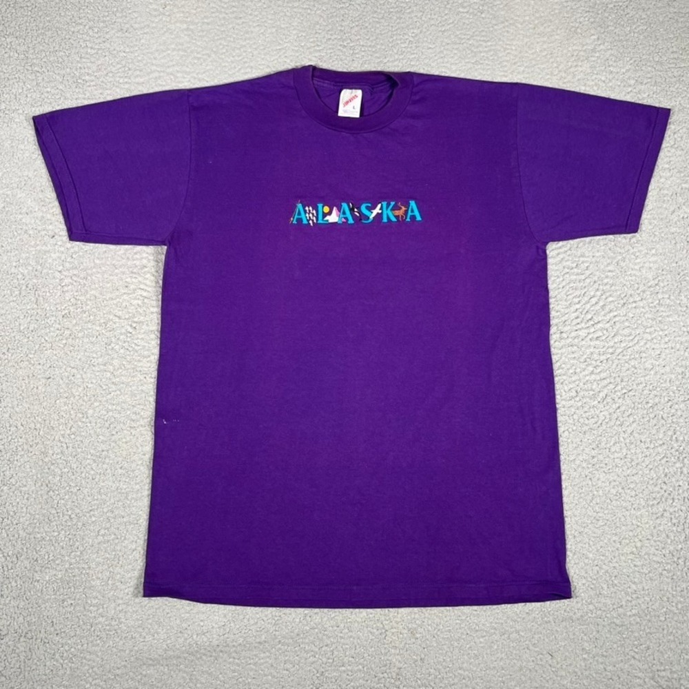 Vintage Jerzees Shirt Mens Large Purple Alaska Spellout‎ 100% Cotton Made in USA